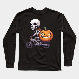 Skeleton Riding Vintage Bicycle Halloween Funny Pumpkin Long Sleeve T-Shirt